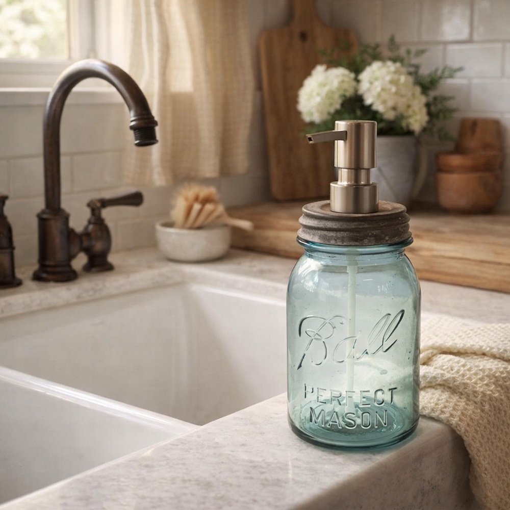 Vintage Blue Ball Perfect Mason Jar Soap Dispenser Stainless Steel Pump - Picture 3 of 3